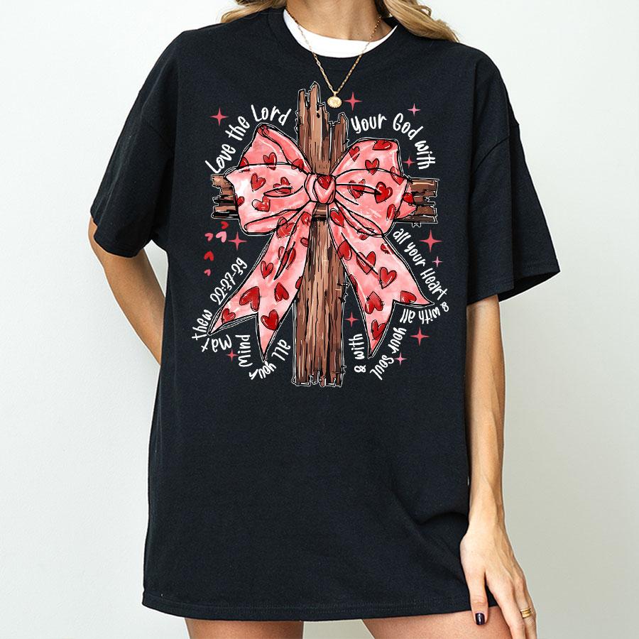 Coquette Valentine Jesus Cross T Shirt Bow Bible Verse Christian Faith Tee for Women Men