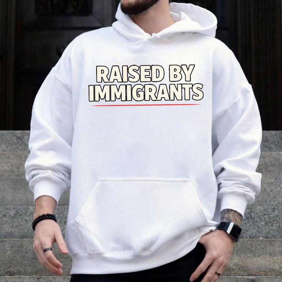 Raised By Immigrants Hoodie Minimalist Graphic Pullover Cultural Pride Statement for Women Men