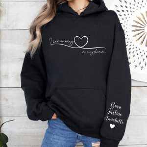 I Wear My Heart On My Sleeve Hoodie, Custom Kids Name Mom Hoodie, Personalized Mother’s Day Gift for Mom